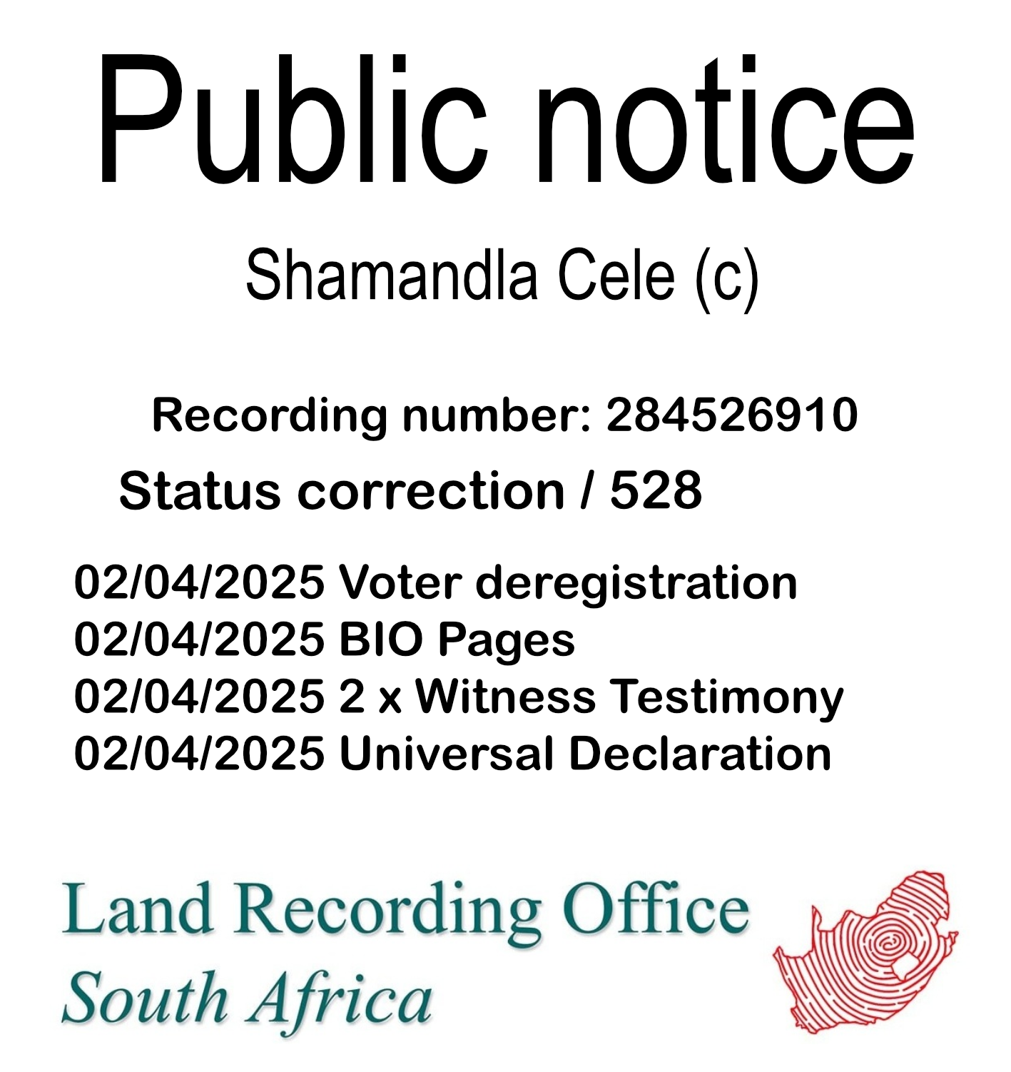 Public notice Shamandla Cele (c) Recording number 284526910